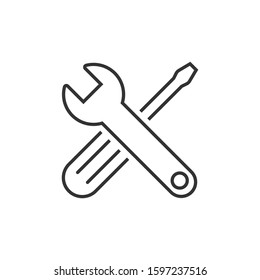 Wrench and screwdriver icon in flat style. Spanner key vector illustration on white isolated background. Repair equipment business concept.