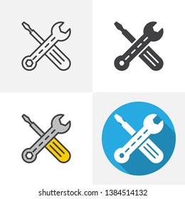 Wrench and screwdriver icon. Line, glyph, flat and filled outline colorful version, Maintenance outline and flat vector sign. Symbol, logo illustration. Different style icons set