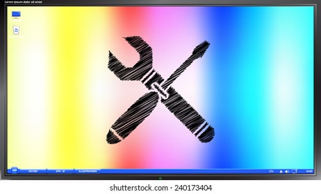 Wrench and screwdriver icon on the screen monitor. Scribble and hatching style. Made vector illustration
