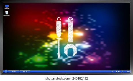 Wrench and screwdriver icon on the screen monitor. Scribble and hatching style. Made vector illustration