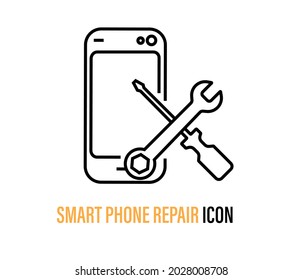 Wrench and screwdriver and icon on smartphone screen. smartphone inspection concept, phone repair sign on white background, mobile setting icon in outline style for web design. Vector graphics.