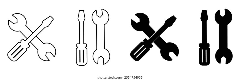 Wrench and screwdriver icon in outline and silhouette style vector illustration on white background. Repair and service icon.