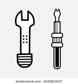 wrench and screwdriver icon set in black and white on transparent background