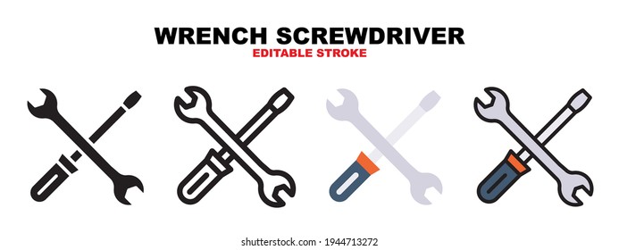 Juego de iconos del destornillador de llave con estilos diferentes. Iconos diseñados en color relleno, contorno, plano, glifo y línea. Actrazo editable y píxel perfecto. Se puede usar para web, móvil, ui y más.