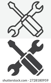 Llave e icono de destornillador en diferentes estilos. Icono de línea, contorno y sólido con signo y Vector de trazo editable. Icono de herramientas para ingeniería.