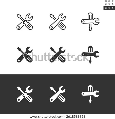 Wrench and screwdriver icon set in outline and solid styles. Separate the objects by a white line, with no cutting path that can be moved for editing the design. Editable stroke.