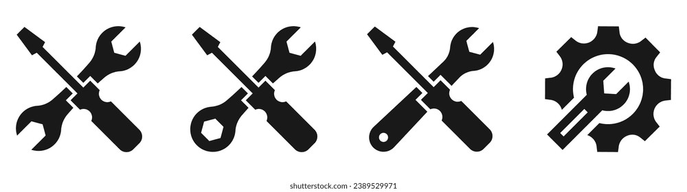 Juego de iconos de llave y destornillador. Servicio, reparación, símbolos de engranajes. Llave. Destornillador. Ilustración del vector