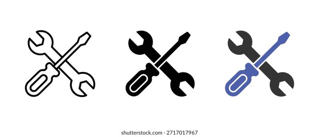 Llave inglesa con el icono del destornillador. Icono de la configuración. Símbolo de la reparación. Mantenimiento, icono del servicio. Ilustración vectorial 