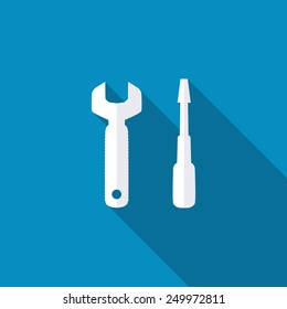 Wrench and screwdriver icon for web design. Setting icon. Long shadow effect. Flat style design