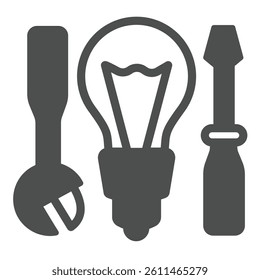 Wrench with screwdriver and lightbulb solid icon, electrician service concept. Vector graphics. Electrical repair sign on white background, glyph style icon for mobile or web design