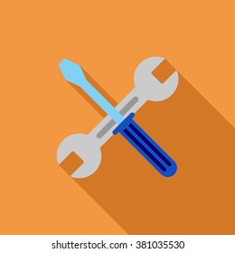 Wrench And Screwdriver long shadow vector icon. Style is a flat symbol with rounded angles on a colored square button.