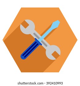 Wrench And Screwdriver long shadow vector icon. Style is a flat symbol on a colored hexagon button with longshadow.