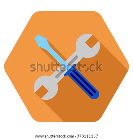 Wrench And Screwdriver long shadow vector icon. Style is a flat symbol on a colored rounded hexagon button with longshadow.