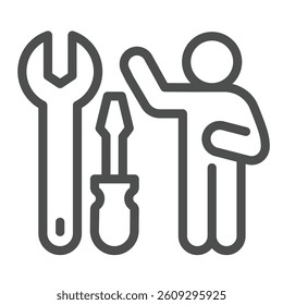 Wrench with screwdriver and man line icon, repair service concept. Vector graphics. Repair tools and human sign on white background, outline style icon for mobile or web design