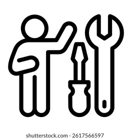 Wrench with screwdriver and man line icon, repair service concept. Vector graphics. Repair tools and human, mechanician sign on white background, style mobile or design
