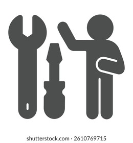Wrench with screwdriver and man solid icon, repair service concept. Vector graphics. Repair tools and human sign on white background, glyph style icon for mobile or web design