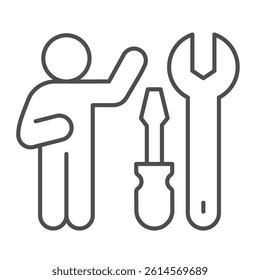 Wrench with screwdriver and man thin line icon, repair service concept. Vector graphics. Repair tools and human sign on white background, linear style icon for mobile or web design