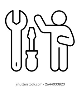 Wrench with screwdriver and man thin line icon, repair service concept. Vector graphics. Repair tools and human sign on white background, style mobile or design