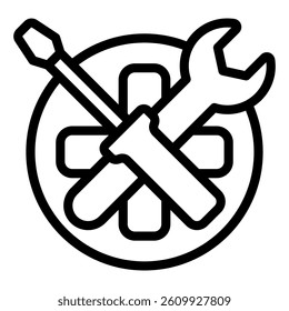 Wrench and screwdriver on medical cross line icon, emergency service concept. Vector graphics. Repair tools and medicine sign on white background, style mobile or design