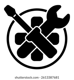 Wrench and screwdriver on medical cross solid icon, emergency service concept. Vector graphics. Repair tools and medicine sign on white background, glyph style mobile or design