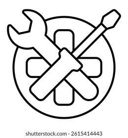 Wrench and screwdriver on medical cross thin line icon, emergency service concept. Vector graphics. Repair tools sign on white background, linear style for mobile or design