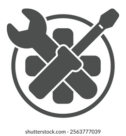 Wrench and screwdriver on plus cross solid icon, emergency service concept. Vector graphics. Repair tools and medicine sign on white background, glyph style icon for mobile or web design