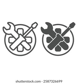 Wrench and screwdriver on plus cross line and solid icon, emergency service concept. Vector graphics. Repair tools and medicine sign on white background, outline style icon for mobile or web design