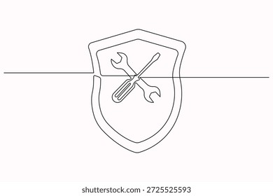 Chave inglesa e chave de fenda com desenho de uma linha símbolo mínimo de oficina