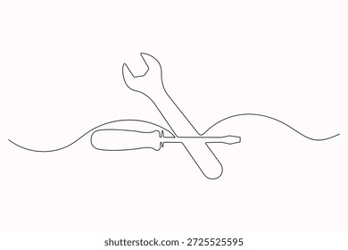 Chave inglesa e chave de fenda com desenho de uma linha símbolo mínimo de oficina