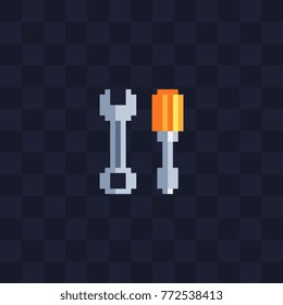 Wrench and screwdriver. Pixel art icon. Web site design. 8-bit. Isolated abstract vector illustration.