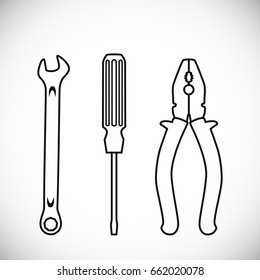 A wrench, a screwdriver and pliers. Set of vector icons in the style of linear design.