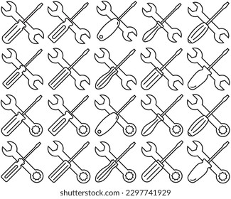 Llave y conjunto de destornilladores línea de icono, vector del logotipo de reparación