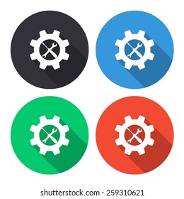 wrench and screwdriver - settings vector icon - colored(gray, blue, green, red) round buttons with long shadow