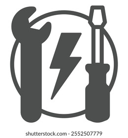 Schraubendreher mit massivem Icon, Service- und Wartungskonzept. Vektorgrafiken. Power-Source-Reparatur-Zeichen auf weißem Hintergrund, Glyphe-Stil-Symbol für Mobil- oder Web-Design