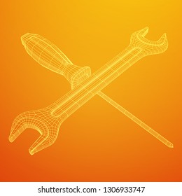 Wrench and screwdriver. Spanner repair tool. Mechanic or engineer instruments. Support service wireframe low poly mesh vector illustration