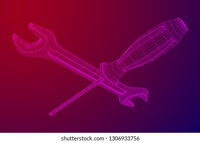 Wrench and screwdriver. Spanner repair tool. Mechanic or engineer instruments. Support service wireframe low poly mesh vector illustration