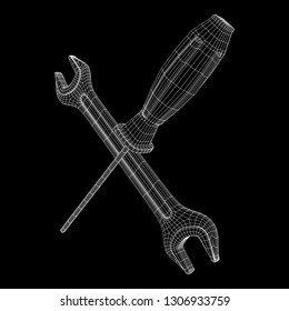 Wrench and screwdriver. Spanner repair tool. Mechanic or engineer instruments. Support service wireframe low poly mesh vector illustration