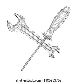 Wrench and screwdriver. Spanner repair tool. Mechanic or engineer instruments. Support service wireframe low poly mesh vector illustration