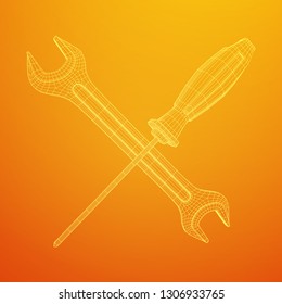 Wrench and screwdriver. Spanner repair tool. Mechanic or engineer instruments. Support service wireframe low poly mesh vector illustration