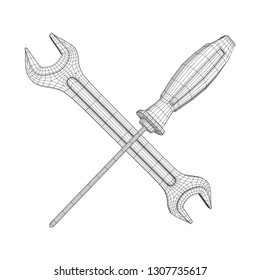 Wrench and screwdriver. Spanner repair tool. Mechanic or engineer instruments. Support service wireframe low poly mesh vector illustration