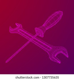 Wrench and screwdriver. Spanner repair tool. Mechanic or engineer instruments. Support service wireframe low poly mesh vector illustration