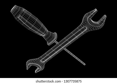 Wrench and screwdriver. Spanner repair tool. Mechanic or engineer instruments. Support service wireframe low poly mesh vector illustration