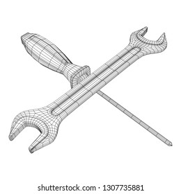 Wrench and screwdriver. Spanner repair tool. Mechanic or engineer instruments. Support service wireframe low poly mesh vector illustration