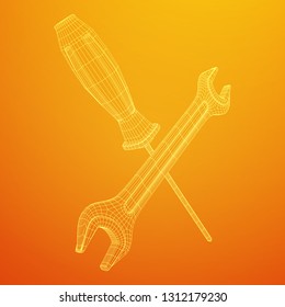 Wrench and screwdriver. Spanner repair tool. Mechanic or engineer instruments. Support service wireframe low poly mesh vector illustration
