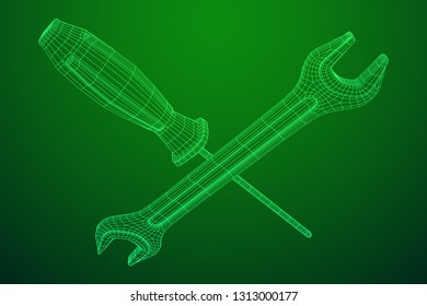 Wrench and screwdriver. Spanner repair tool. Mechanic or engineer instruments. Support service wireframe low poly mesh vector illustration