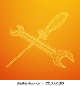 Wrench and screwdriver. Spanner repair tool. Mechanic or engineer instruments. Support service wireframe low poly mesh vector illustration