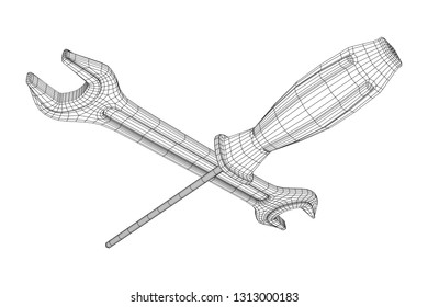 Wrench and screwdriver. Spanner repair tool. Mechanic or engineer instruments. Support service wireframe low poly mesh vector illustration