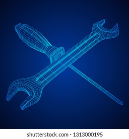 Wrench and screwdriver. Spanner repair tool. Mechanic or engineer instruments. Support service wireframe low poly mesh vector illustration