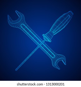 Wrench and screwdriver. Spanner repair tool. Mechanic or engineer instruments. Support service wireframe low poly mesh vector illustration