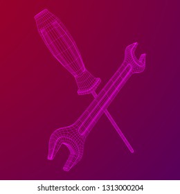 Wrench and screwdriver. Spanner repair tool. Mechanic or engineer instruments. Support service wireframe low poly mesh vector illustration